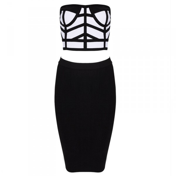 Beste 2 piece zwart wit jurkje met Pencil rok & Crop top XF-93