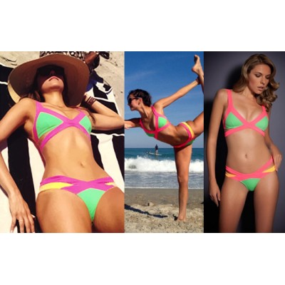 'Sara' roze & groen neon bandage bikini