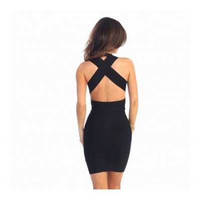 'tara' Deep V-Neck backless black bandage dress