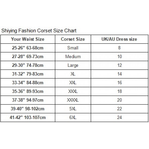 Waist Training Corset Size Chart