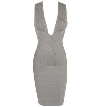 'tara' deep v-neck backless grey bandage dress