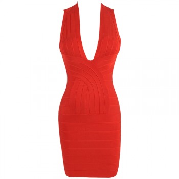 'tara' deep v-neck backless red bandage dress