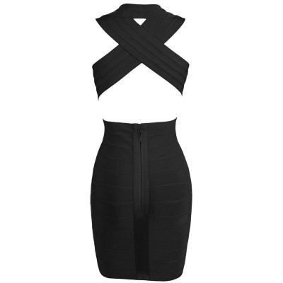 'tara' Deep V-Neck backless black bandage dress