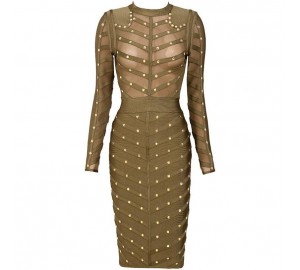 'Antonia' khaki green bandage dress with studs and long sleeves