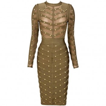 'Antonia' khaki green bandage dress with studs and long sleeves