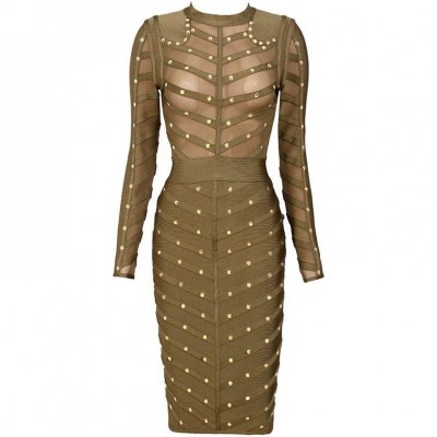 'Antonia' khaki green bandage dress with studs and long sleeves