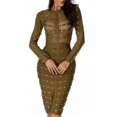 'Antonia' khaki green bandage dress with studs and long sleeves