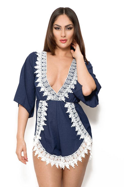 blauwe playsuit met v-hals